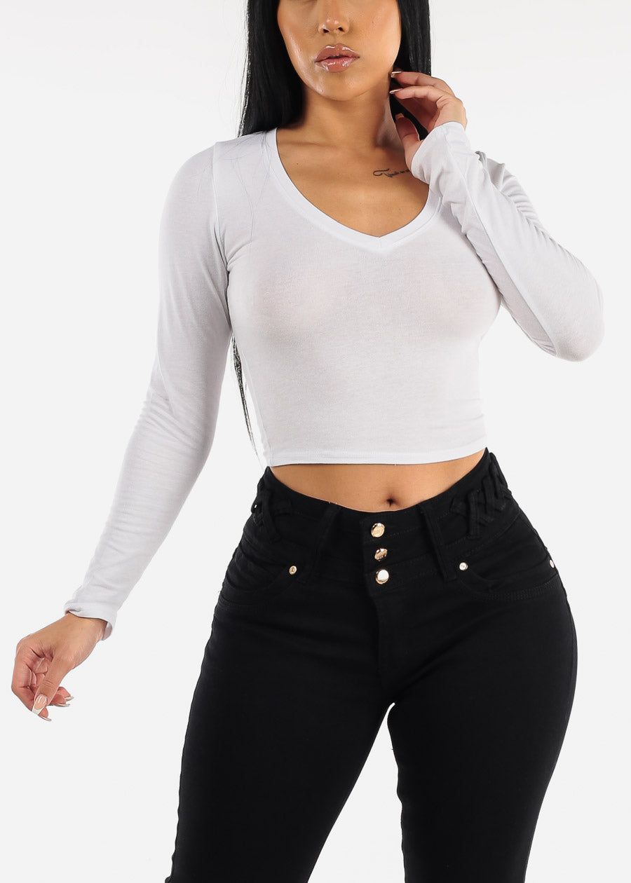 Basic Long Sleeve Vneck Crop Top White sold by Moda