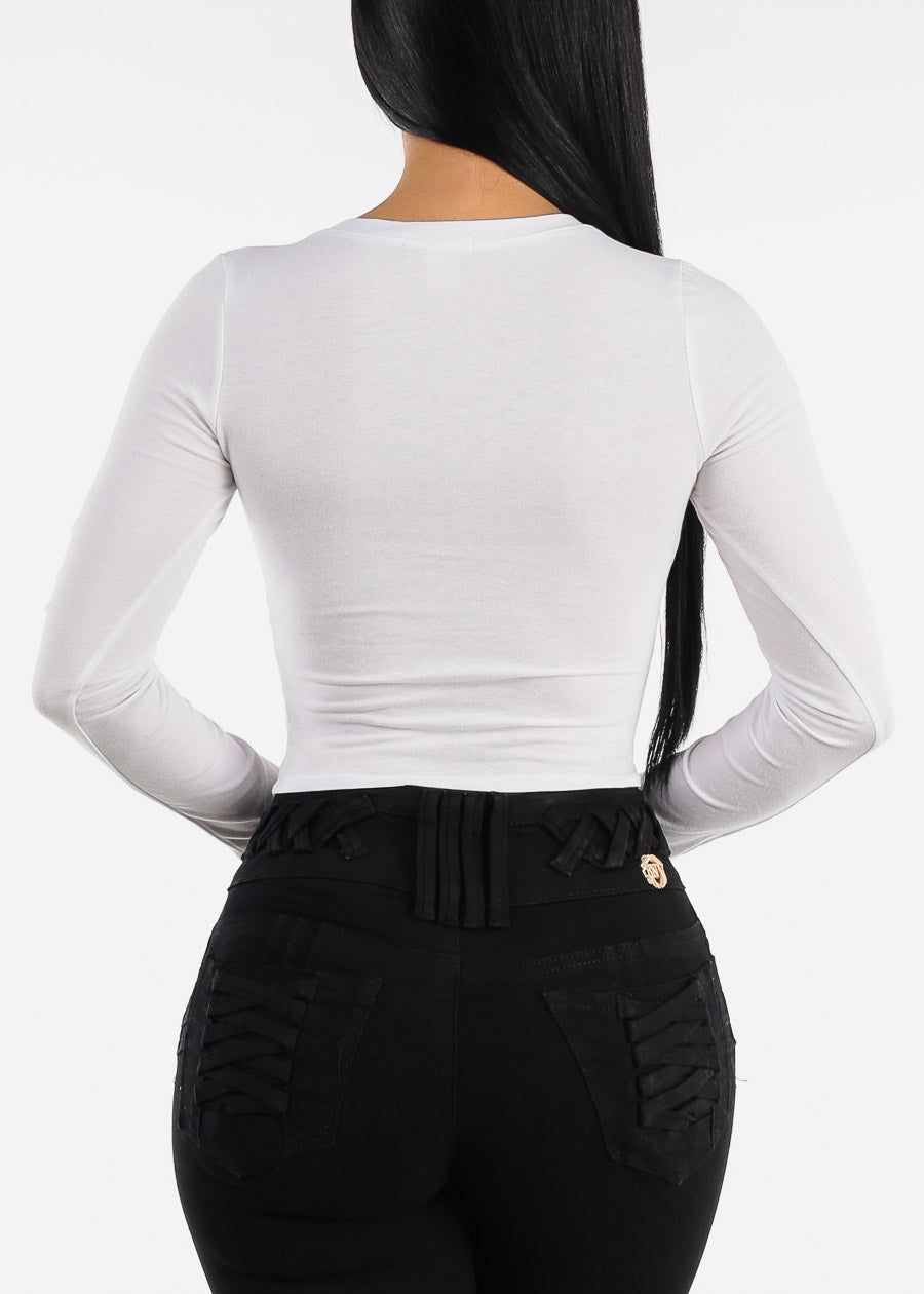 Basic Long Sleeve Vneck Crop Top White sold by Moda product image thumbnail 4