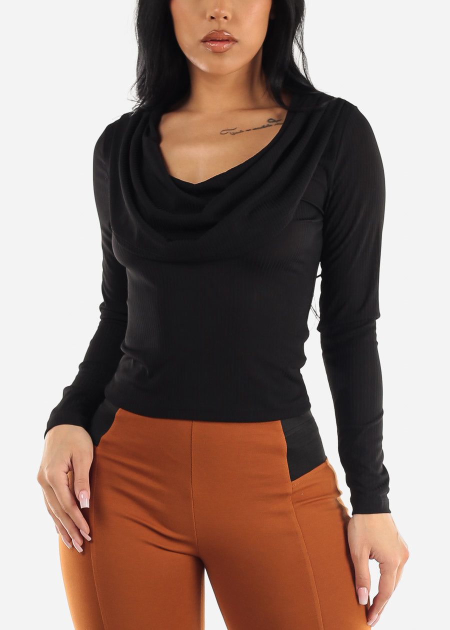 Ribbed Long Sleeve Black Cowl Neck Fitted Top sold by Moda