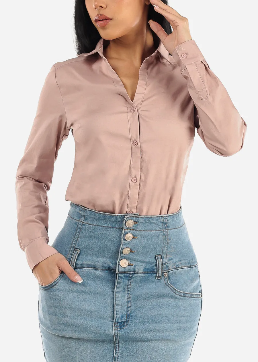 Long Sleeve Button Down Collared Bodysuit Dusty Pink sold by Moda product image thumbnail 5