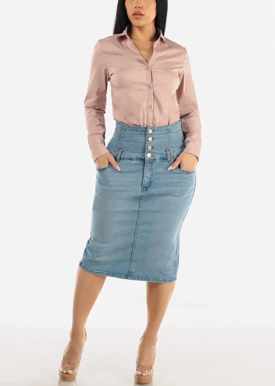 Long Sleeve Button Down Collared Bodysuit Dusty Pink sold by Moda product image thumbnail 2