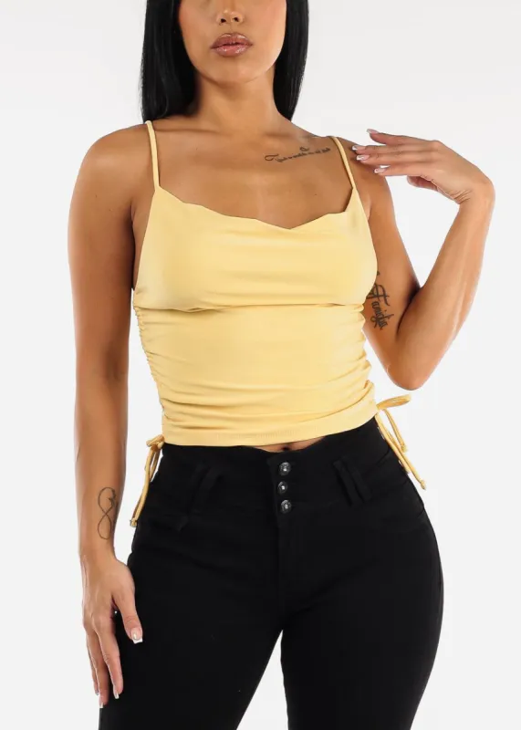 Yellow Sleeveless Side Ruched Tank Top made by Moda