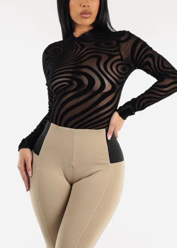 Black Long Sleeve Velvet Burnout Mesh Bodysuit sold by Moda