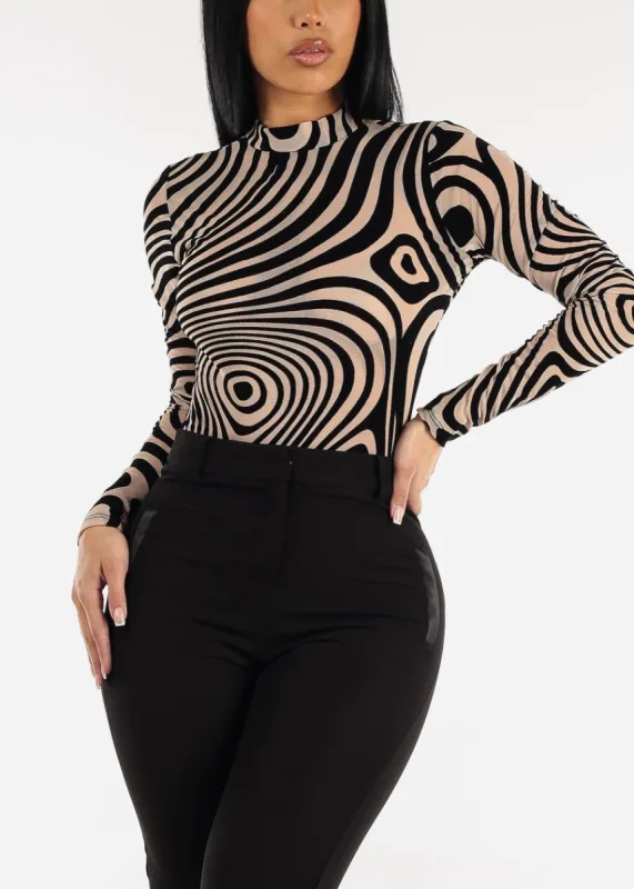 Nude Long Sleeve Velvet Burnout Mesh Bodysuit sold by Moda