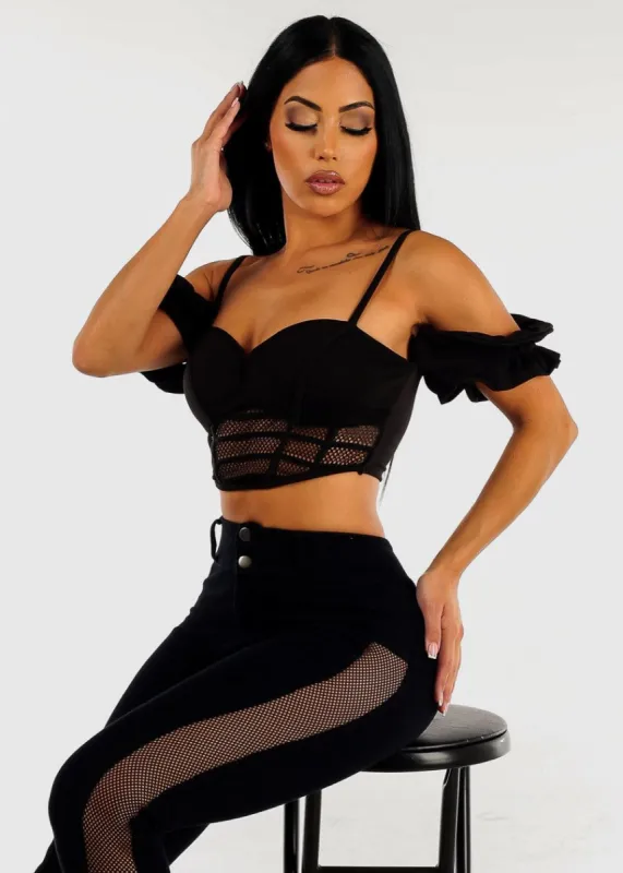 Black Corset Fishnet Crop Top w Ruffled Sleeves sold by Moda