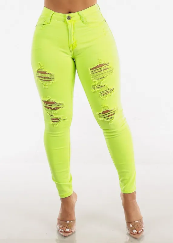 Neon Green Mid Rise Distressed Skinny Jeans sold by Moda