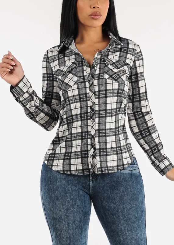 Button Up Roll up Sleeve Black Plaid Shirt sold by Moda