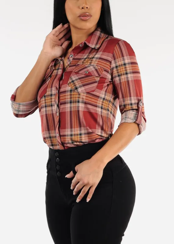 Casual Button Up Burgundy Plaid Shirt sold by Moda