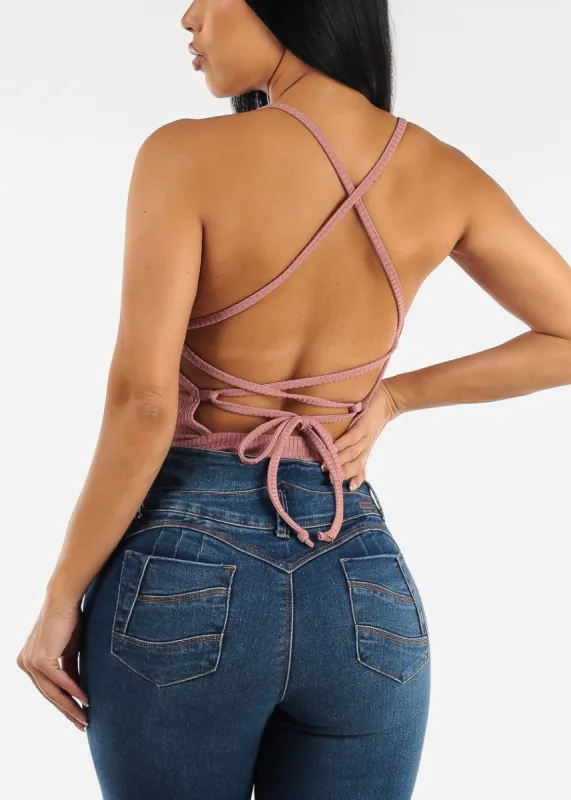 Rose Strappy Open Back Ribbed Thong Bodysuit sold by Moda