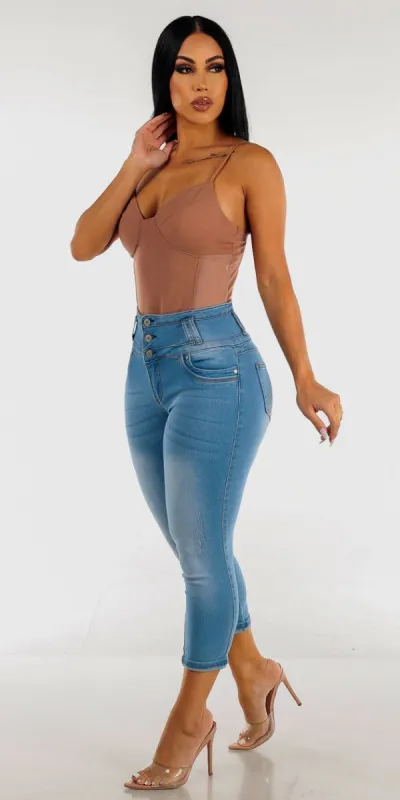 Ultra High Waisted Butt Lifting Light Denim Capris with Spaghetti Strap Taupe Bodysuit sold by Moda