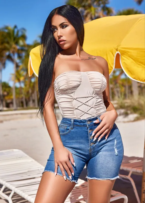 Nude Strapless Thong Bodysuit w Lace Up Front sold by Moda