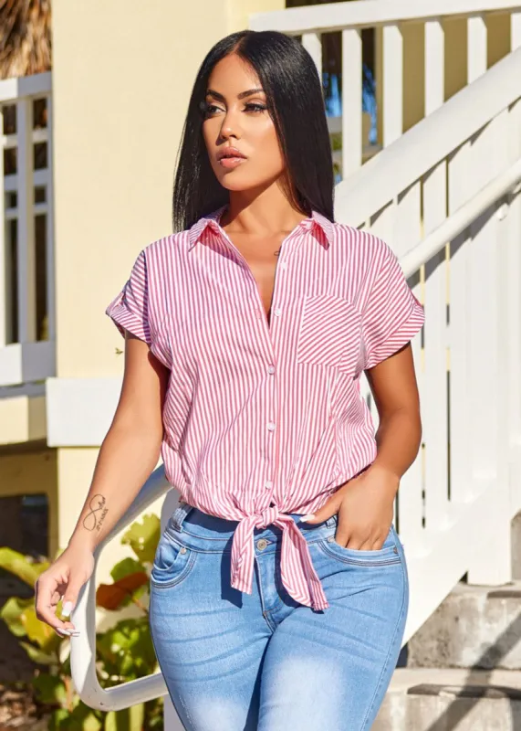 Red Striped Short Sleeve Button Up Blouse with Front Tie sold by Moda