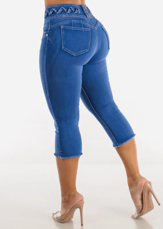 Butt Lift High Waist Cut Off Blue Denim Capris sold by Moda