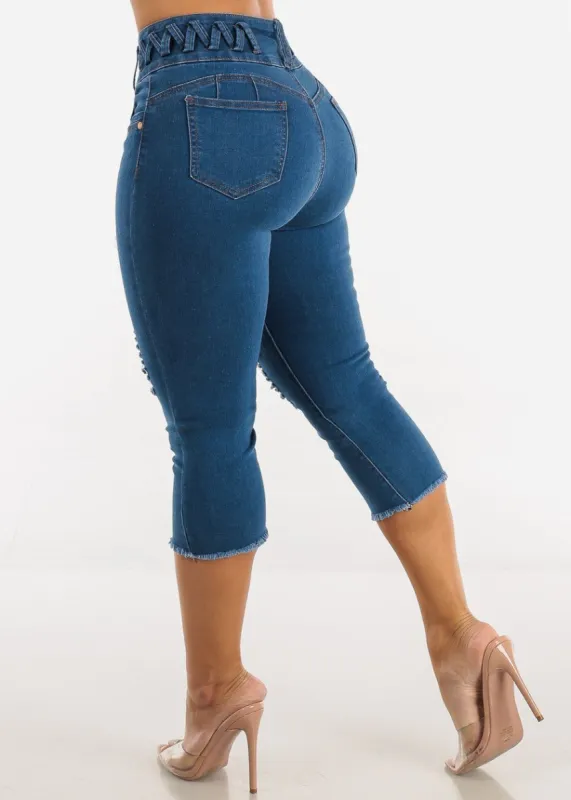 High Waisted Butt Lift Ripped Denim Cut Off Capris sold by Moda