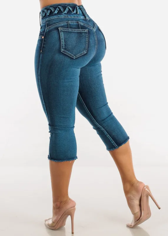 Butt Lifting High Waist Cut Off Dark Denim Capris sold by Moda