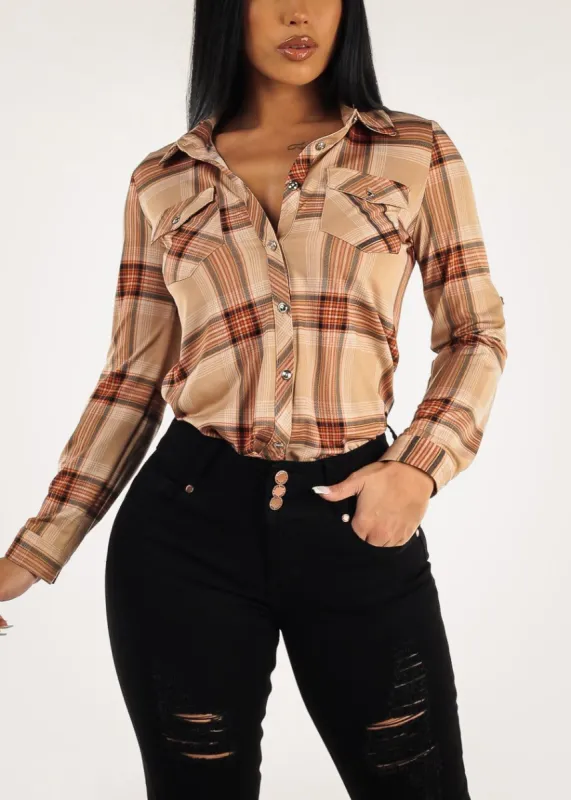 Casual Button Up Beige Plaid Shirt sold by Moda