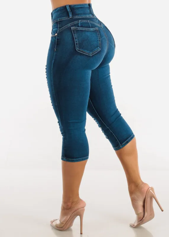 Butt Lifting High Waisted Ripped Denim Capris sold by Moda