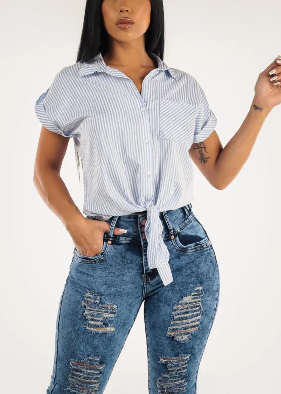 Blue Striped Short Sleeve Button Up Blouse with Front Tie sold by Moda
