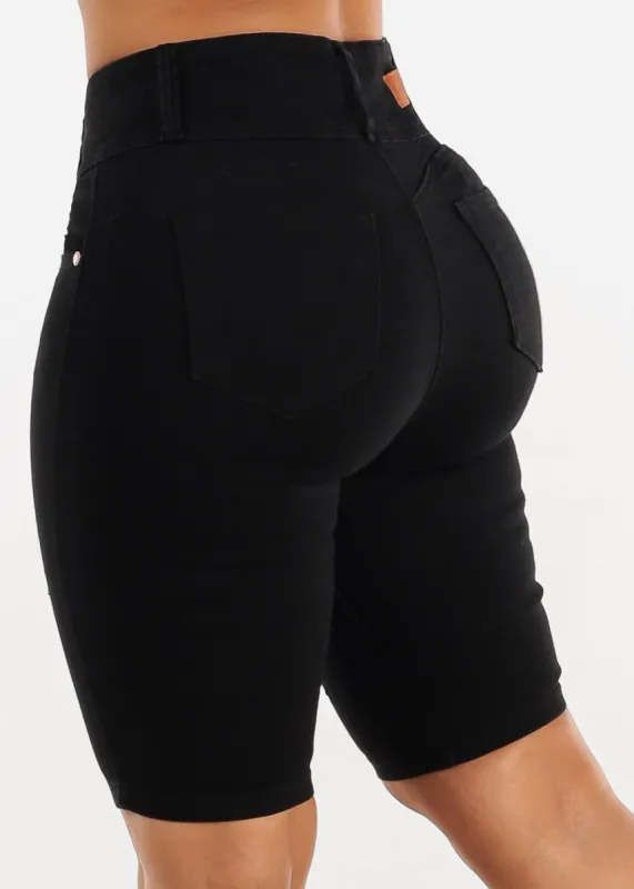Black Butt Lifting Distressed High Waist Bermuda Shorts sold by Moda