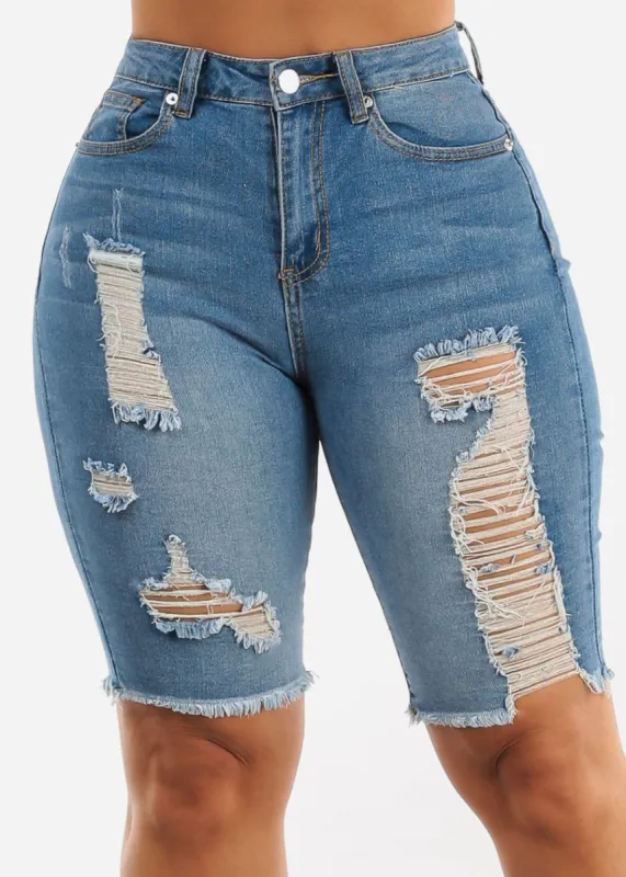 High Waisted Distressed Knee Length Bermuda Shorts sold by Moda