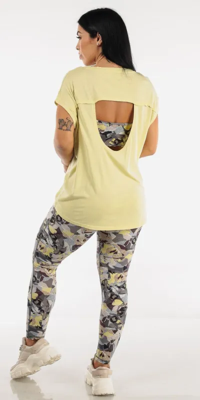 High Rise Printed Workout Leggings Printed Camo Sports Bra and Cap Sleeve Athleisure Top sold by Moda