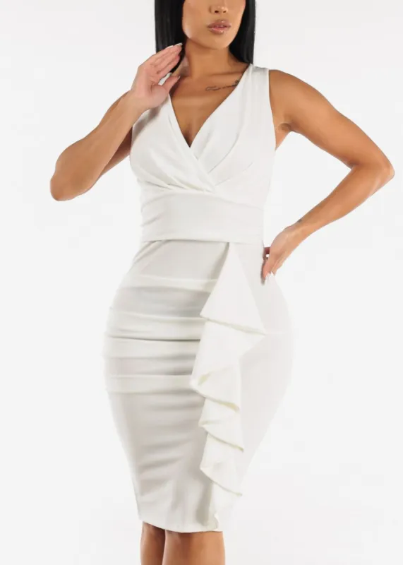 Sleeveless Ivory Bodycon Dress w Side Ruffle Detail sold by Moda