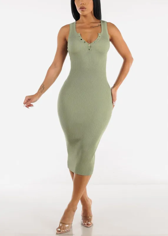 Sleeveless Ribbed Bodycon Midi Dress Light Olive sold by Moda