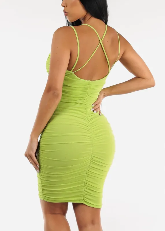 Sleeveless V-Neck Ruched Bodycon Dress Neon Green sold by Moda