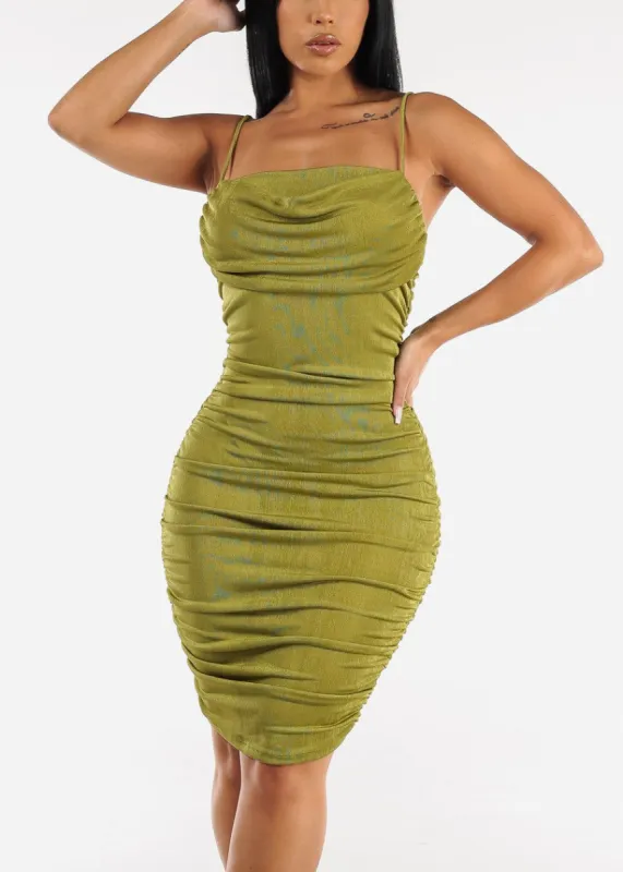 Sleeveless Front Draped Ruched Bodycon Dress Green sold by Moda