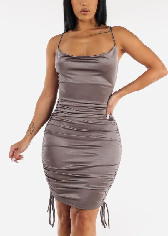 Sleeveless Ruched Satin Bodycon Dress Grey sold by Moda