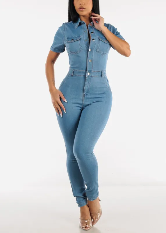 Short Sleeve Collared Skinny Denim Jumpsuit Med Wash sold by Moda