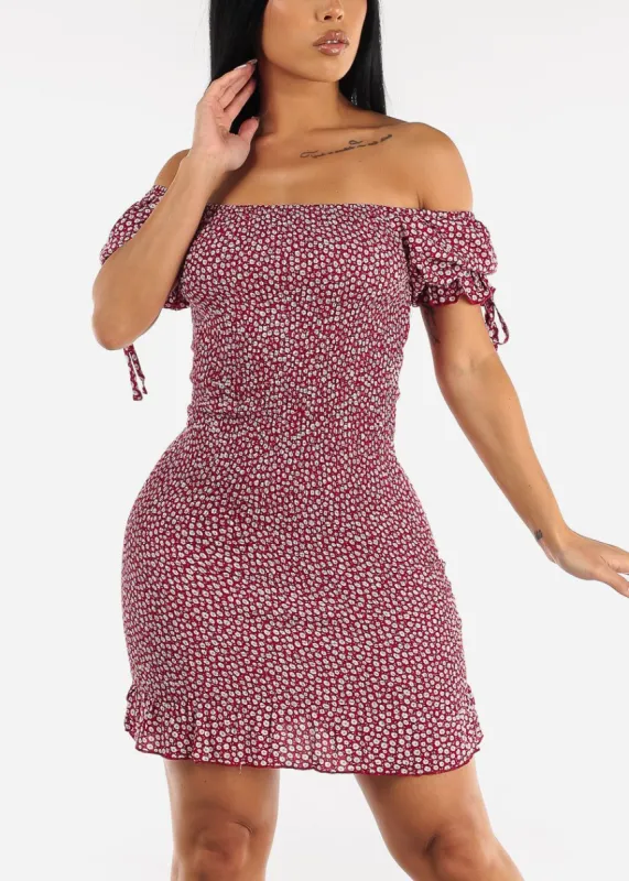 Off Shoulder Floral Smocked Bodycon Dress Red sold by Moda