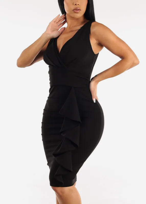 Sleeveless Black Bodycon Dress w Side Ruffle Detail made by Moda