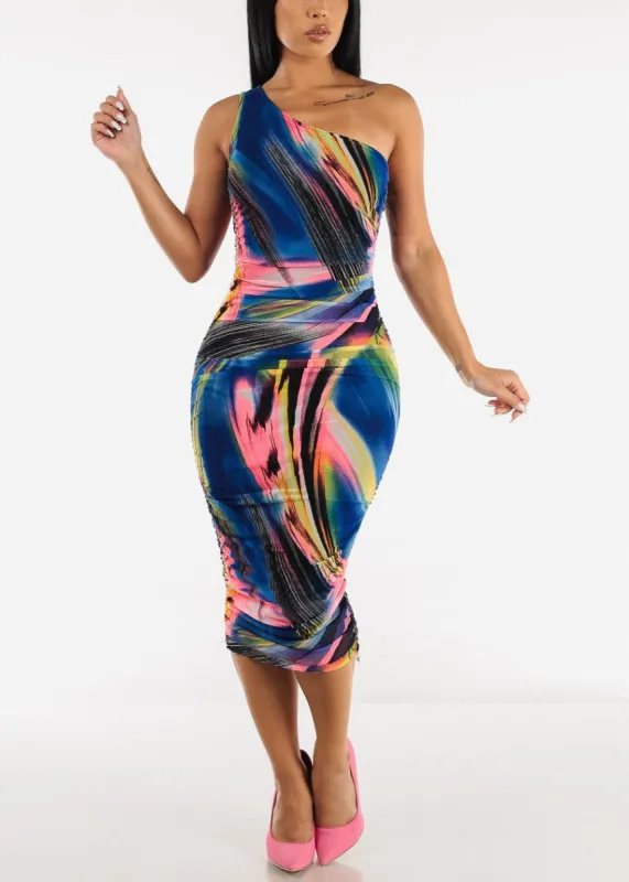 Abstract Print One Shoulder Ruched Midi Dress sold by Moda