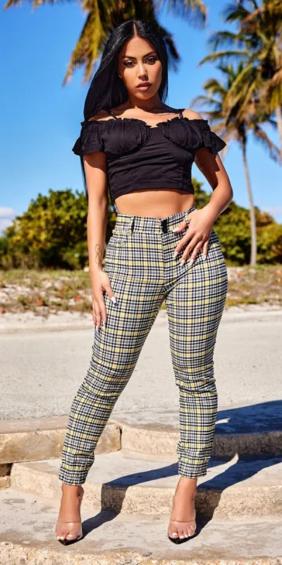 High Waisted Yellow Plaid Jogger Pants with Black Off Shoulder Crop Top sold by Moda