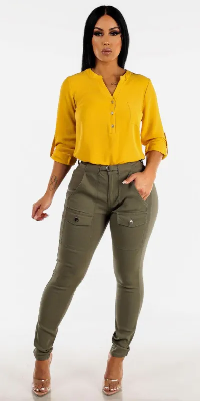 High Rise Stretchy Olive Cargo Pants with Yellow Long Sleeve Blouse sold by Moda