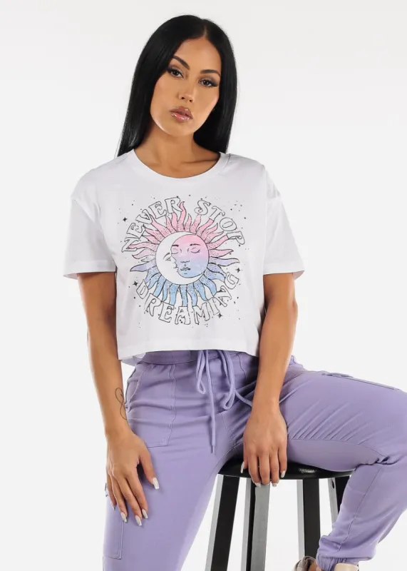 White Graphic Cropped Tee "Never Stop Dreaming" sold by Moda
