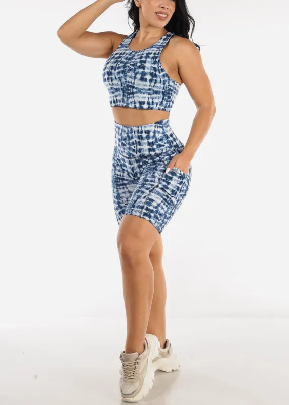 Racerback Sports Bra & High Rise Biker Shorts Blue Tie Dye (2 PCE SET) sold by Moda