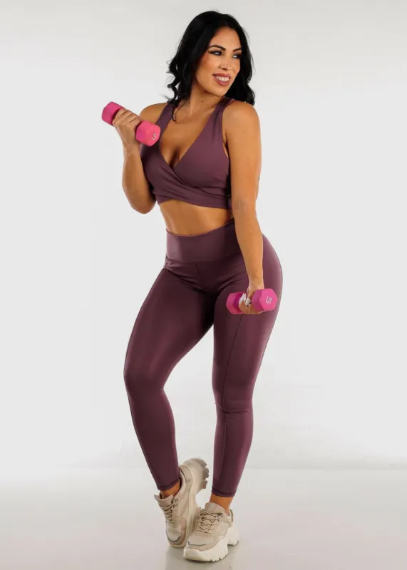 Sleeveless Wrap Sports Bra & Leggings Dark Purple (2 PCE SET) sold by Moda