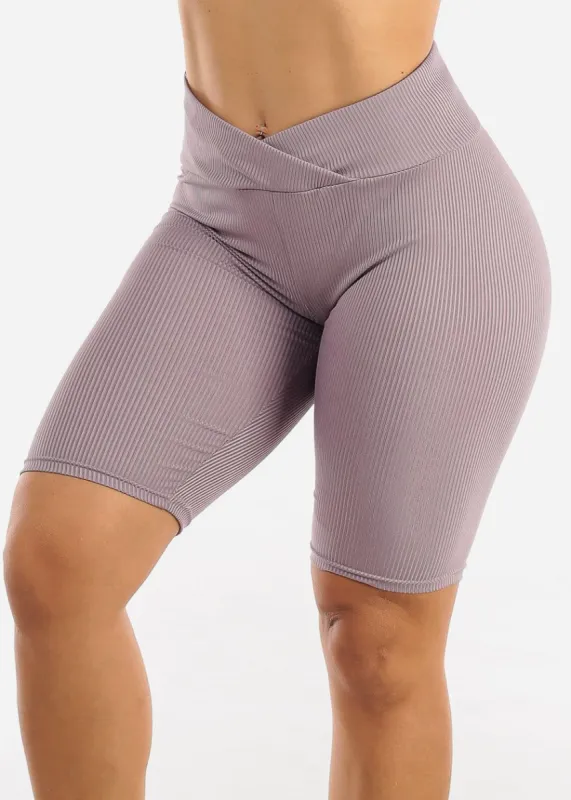 Activewear Overlap Waist Ribbed Biker Shorts Lilac sold by Moda