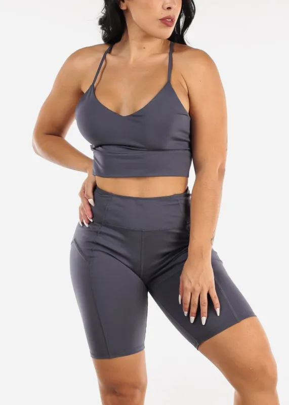 Activewear Strappy Sports Bra & Biker Shorts Charcoal (2 PCE SET) sold by Moda