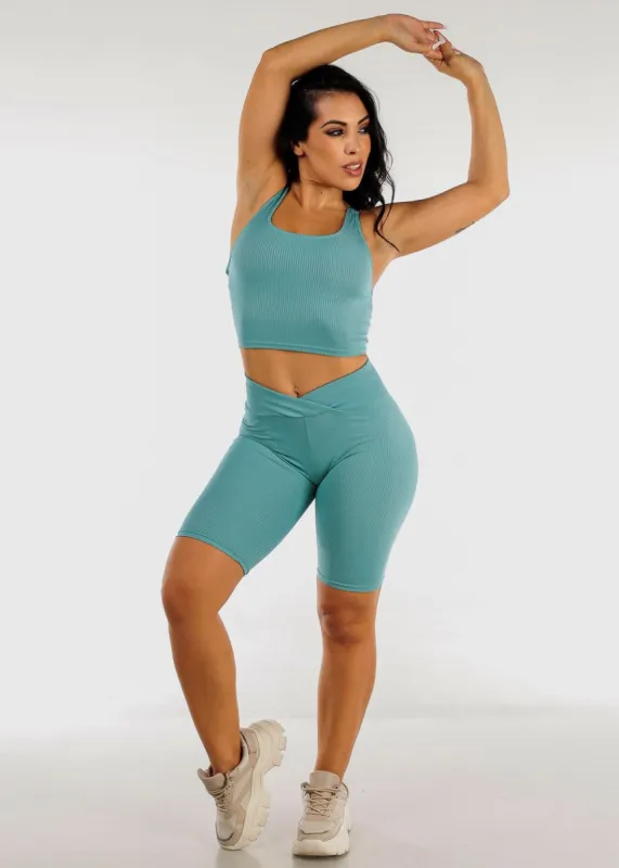 Cropped Tank Top & Overlap Waist Biker Shorts Aqua ( 2 PCE SET) sold by Moda