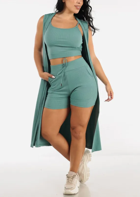 Mint Sleeveless Cardigan, Cropped Tank Top & Shorts (3 PCE SET) sold by Moda