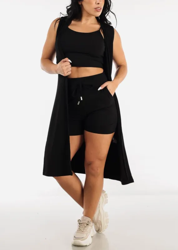 Black Sleeveless Cardigan, Cropped Tank Top & Shorts (3 PCE SET) sold by Moda