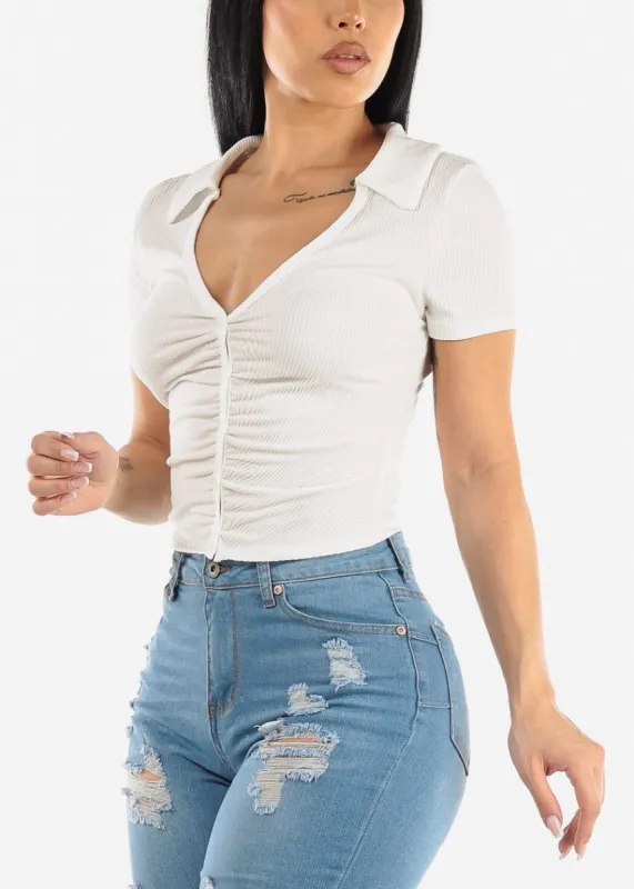Short Sleeve Button Up White Ruched Top sold by Moda