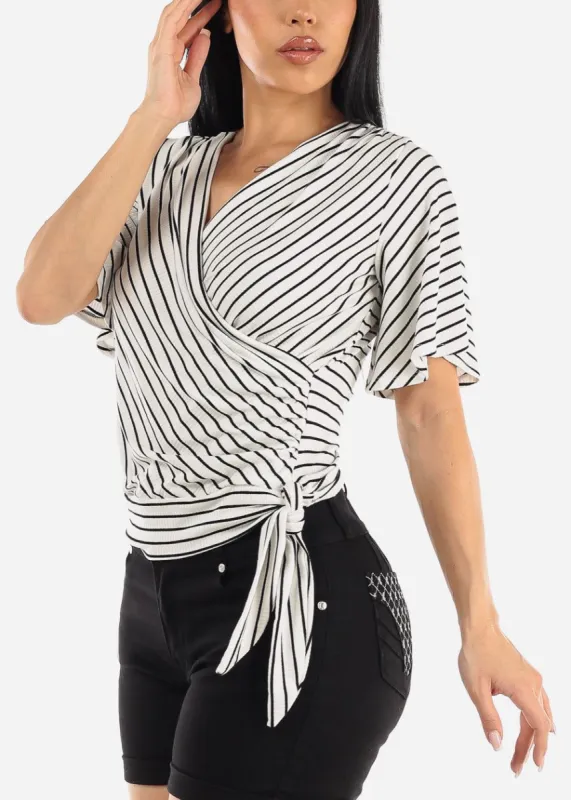 Short Sleeve Surplice Stripe Top B&W made by Moda