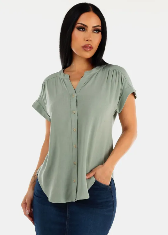 Short Sleeve Round Hem Button Up Woven Blouse Sage sold by Moda