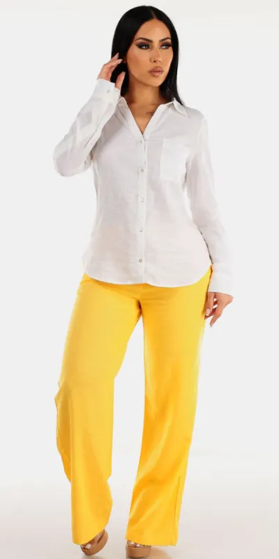 White Linen Yellow Pants Outfit sold by Moda