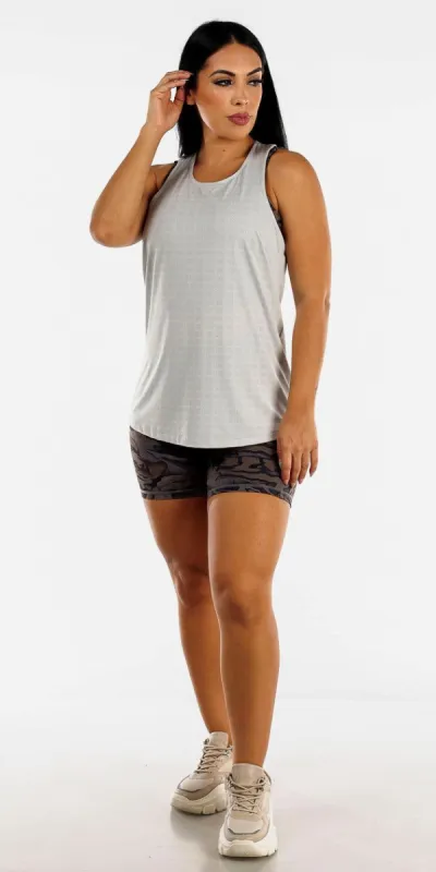 Printed Activewear Biker Gym Shorts Abstract Printed Sports Bra and Twisted Racerback Tunic Top sold by Moda