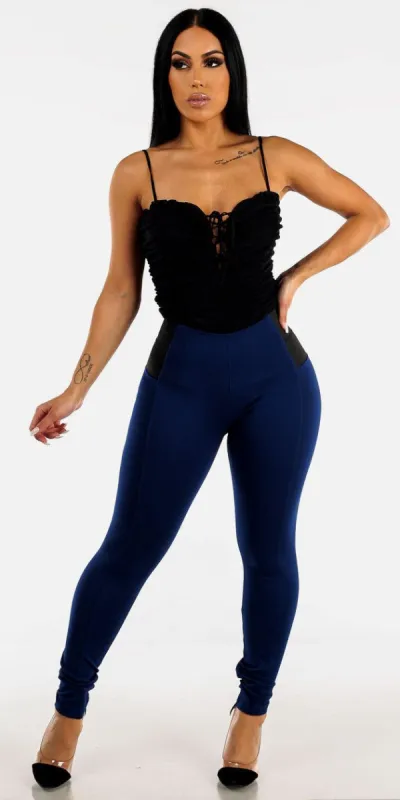 Navy Spandex Waist Skinny Pants with Lace Up Ruched Black Bodysuit sold by Moda